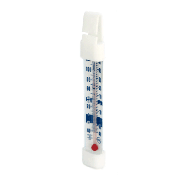 Pictured is a hanging or standing refrigerator freezer thermometer with protective end caps.
