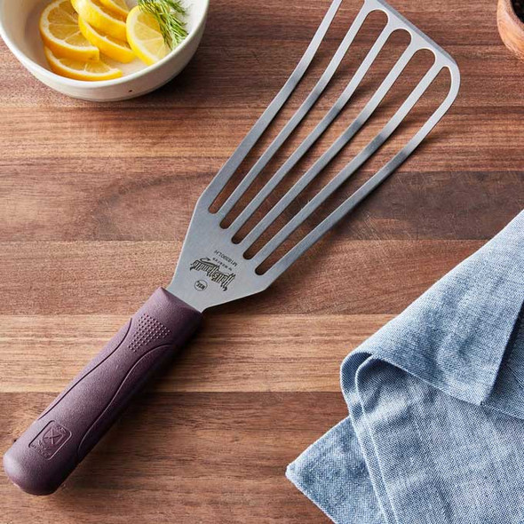 Mercer Culinary M18390LH Hell's Handle 9" High Temp Fish Turner, Left Handed, Slotted, Rounded Edge