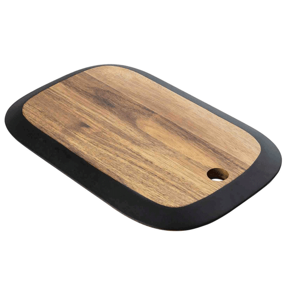 Tablecraft 12576 Acacia 16" x 10-1/2" Serving Board, Chalkboard Edge, Black