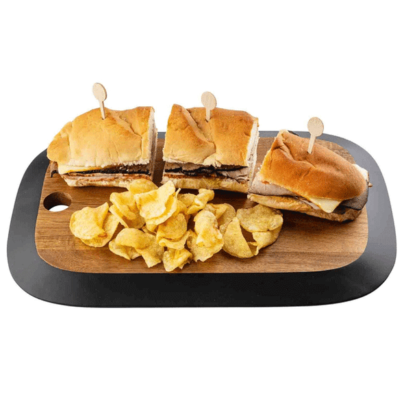 Tablecraft 12576 Acacia 16" x 10-1/2" Serving Board, Chalkboard Edge, Black