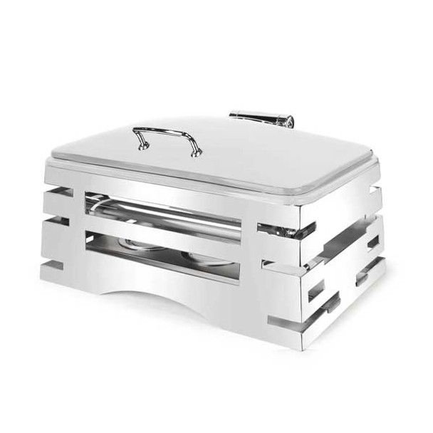 Eastern Tabletop REVO All-In-One 23-3/4" x 16"D x 7" Rectangular Chafer Stand w/Hook-On Sterno Shelf and Dome Lid, SS