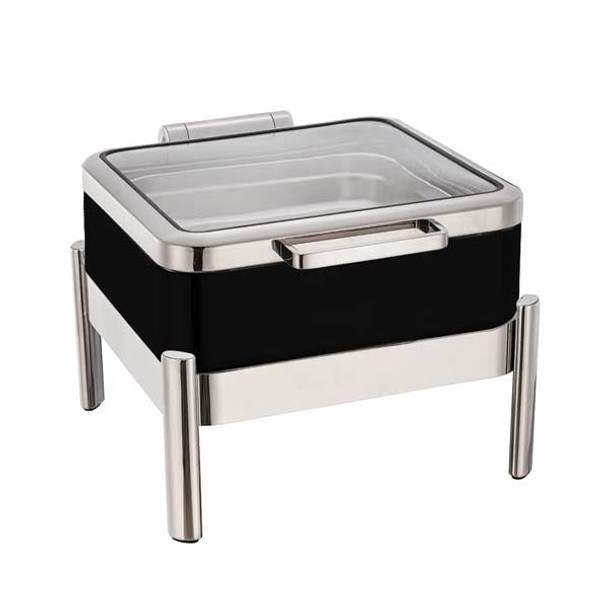 Eastern Tabletop 3874GSMB Jazz Smooth Collection 6 Qt. Square Induction Chafer and Stand w/Full Glass Hinged Cover, Black Powder Base