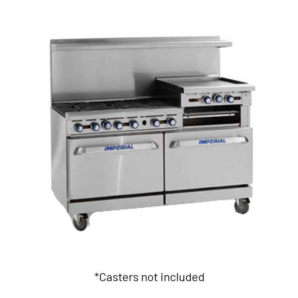Imperial IR-6-G24 Pro Series 60" Gas Restaurant Range, 6 Burner, 24" Griddle, (2) Standard Ovens, 302,000 BTU
