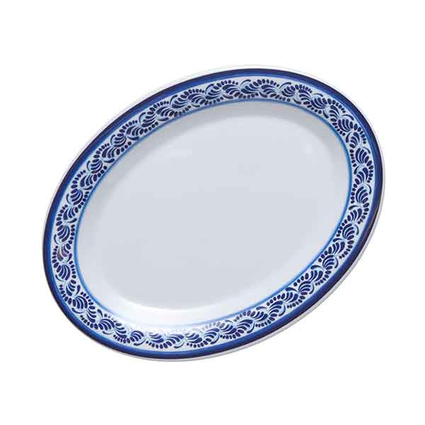 GET OP-950-DE Diamond Esencia 9-3/4" x 7-1/4" Wide Rim Platter, Melamine, White w/Blue Decal - Top View