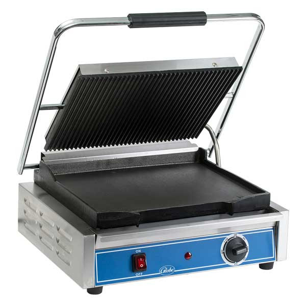 Globe GPGS1410 Panini Grill, Grooved Top & Smooth Bottom Plates, 14" x 10" Cooking Surface, 120V