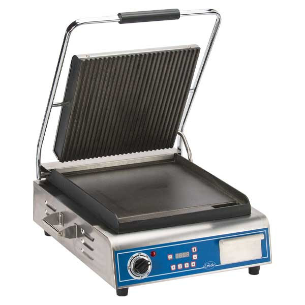 Globe GPGS14D Deluxe Panini Grill, Grooved Top & Smooth Bottom Plates, 14" x 14" Cooking Surface, 120V