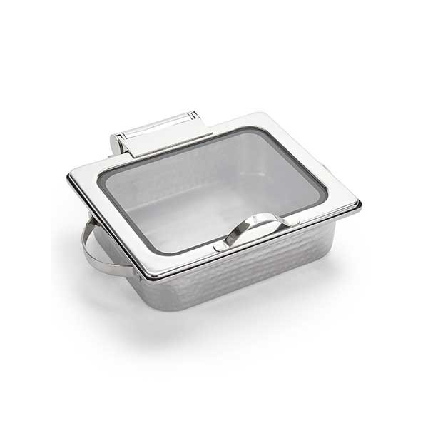 American Metalcraft SYNSRECHM16 Synergy 6-1/2 qt. Rectangular Chafer, Hammered Finish, Hinged Glass Lid