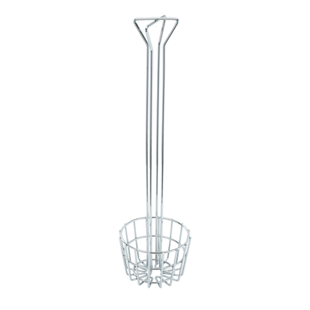 Pictured is a stainless steel tortilla shell fryer basket with 25"L handle.