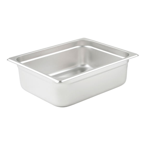 Pictured is a stainless steel half size pan 4" deep.