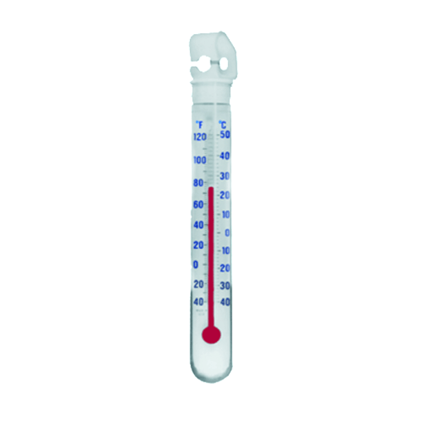 Pictured is a tube style hanging refrigerator freezer thermometer.