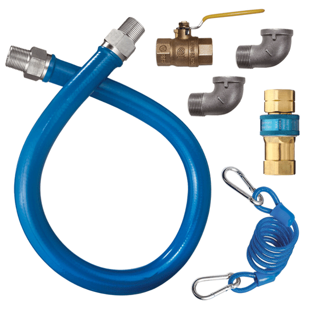 Pictured is a Dormont 16100KIT48 Blue hose gas connector kit with snapfast.