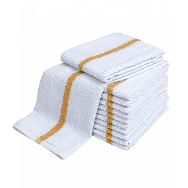 Bar Mop Towels 16" x 19" 100% Cotton Terry, White with Gold Stripe