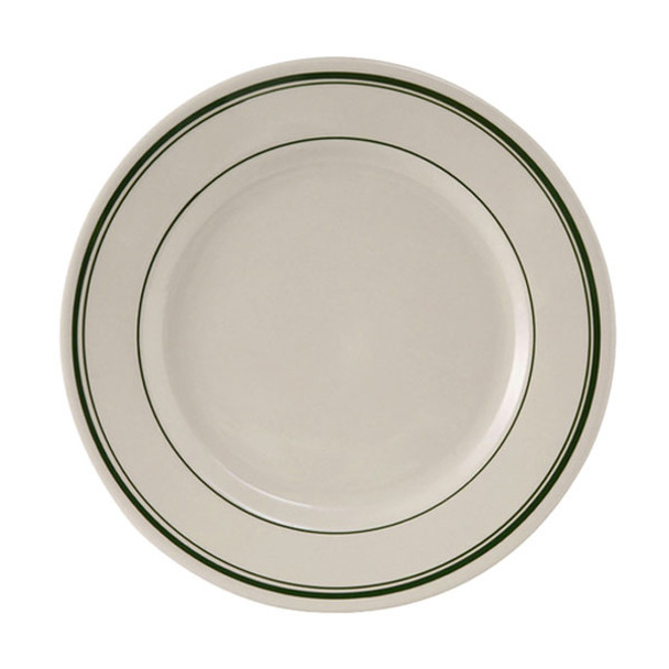 Tuxton TGB-009 Green Bay 9-5/8" Round Plate, Wide Rim, American White/Eggshell w/Green Band