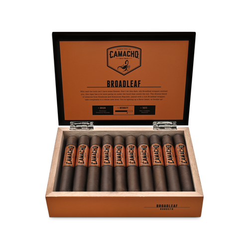 Camacho Broadleaf Robusto  open Box of 20 cigars
