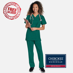 Cherokee Unisex Scrub Suit - 4700 top, 4100 tie waist pants - Hunter - FREE DELIVERY Cherokee Unisex Scrub Suit - 4700 top, 4100 tie waist pants - Hunter - FREE DELIVERY