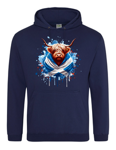 Saltire Highland Coo Printed Hoodie Navy Saltire Highland Coo Printed Hoodie Navy