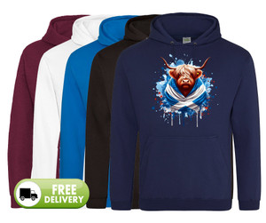 Scottish Saltire Flag Warpped Highland Cow printed Hoodie Scottish Saltire Flag Warpped Highland Cow printed Hoodie