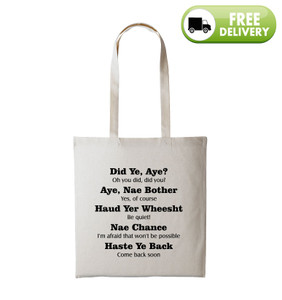 Scottish phrases printed bag for life with bold black text design