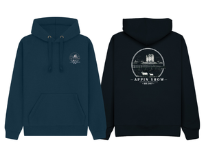 Appin Show 2026 navy hoodie with embroidered left breast logo and matching printed centre back logo