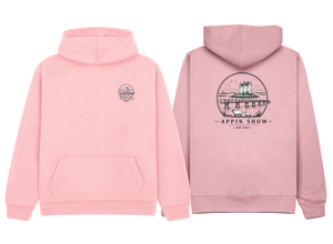 Appin Show 2026 baby pink kids hoodie with embroidered left breast logo and matching printed centre back logo