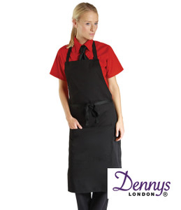 Dennys DP55CNQ black bib apron with pocket embroidered or printed for professional catering and hospitality uniforms