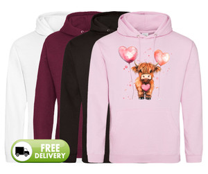 Heart Balloon Highland Cow Novelty Printed Hoodie Heart Balloon Highland Cow Novelty Printed Hoodie