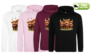 Novelty Print Three Happy Field Highland Coo Hoodie Novelty Print Three Happy Field Highland Coo Hoodie