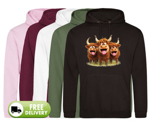 Novelty Print Three Happy Field Highland Coo Hoodie Novelty Print Three Happy Field Highland Coo Hoodie
