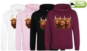 Three Happy Highland Coos Novelty Print Hooded Sweatshirt Three Happy Highland Coos Novelty Print Hooded Sweatshirt