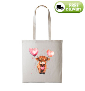 Highland Cow with Balloons Natural Printed Shopper Highland Cow with Balloons Natural Printed Shopper