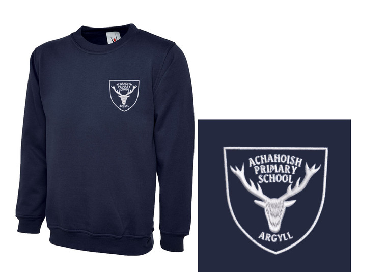 Achahoish Primary School navy blue sweatshirt with embroidered school logo