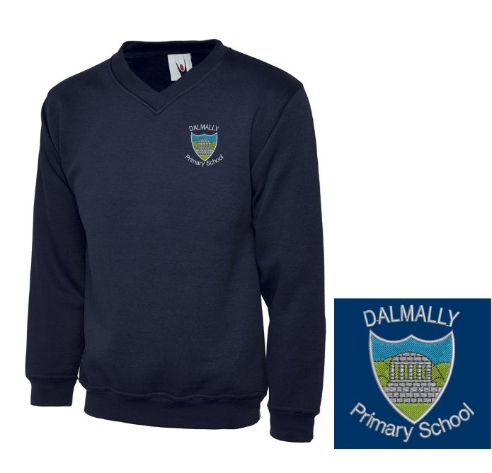 Dalamlly Primary School navy blue v-neck sweatshirt with embroidered school logo