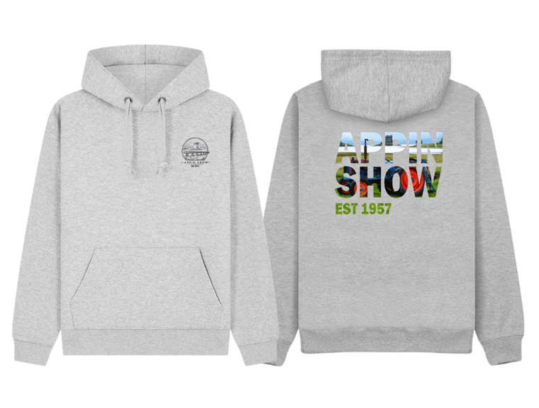 Appin Show 2026 grey hoodie with embroidered left breast logo and exclusive tractor design printed on the centre back