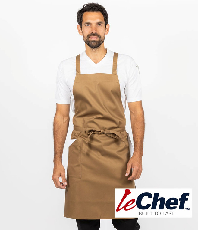Le Chef DE109 crossover bib apron embroidered or printed for professional catering teams and hospitality uniforms