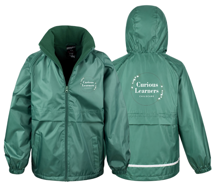 Curious Learners bottle green jacket with left breast and centre back printed childcare logo