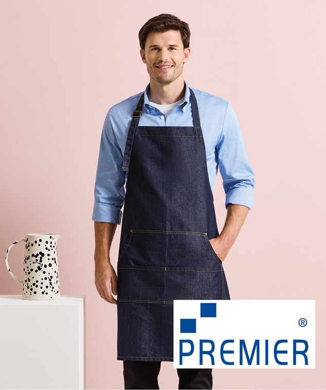 Premier PR126 Jeans Stitch Denim Bib Apron branded hospitality apron