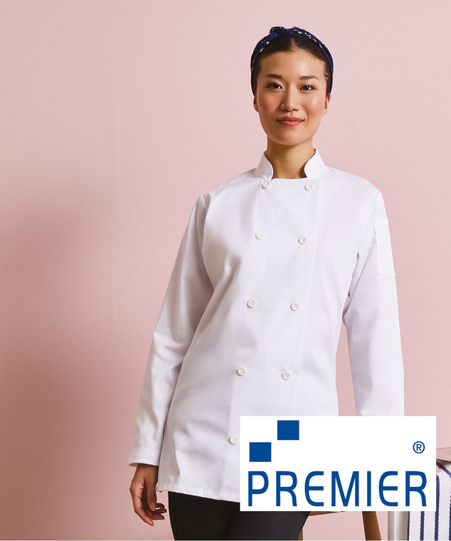 Premier PR671 Women’s Long Sleeve Chef’s Jacket custom branded kitchen workwear