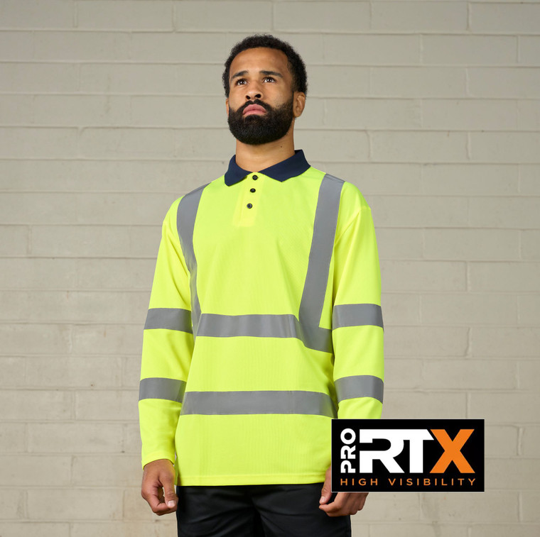 Pro RTX RX715 hi-vis long sleeve polo shirt in yellow and navy for site safety