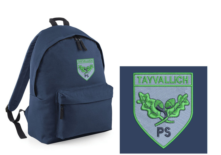 Tayvallich Primary School navy blue backpack with embroidered school logo