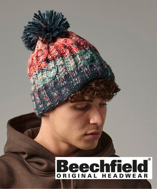 Beechfield BC486 corkscrew pom pom beanie embroidered cable knit hat