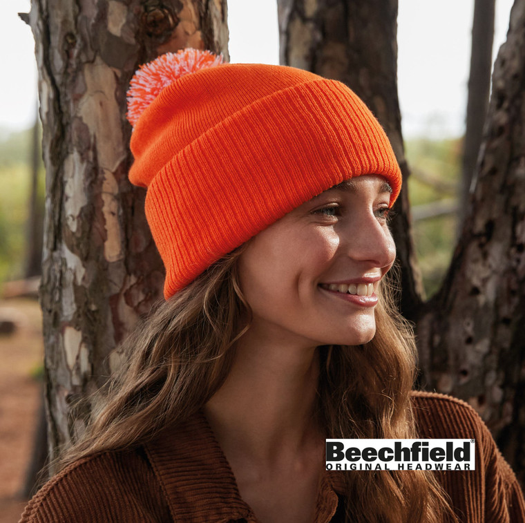 BC450 Beechfield Snowstar Pom Pom Beanie Orange/White