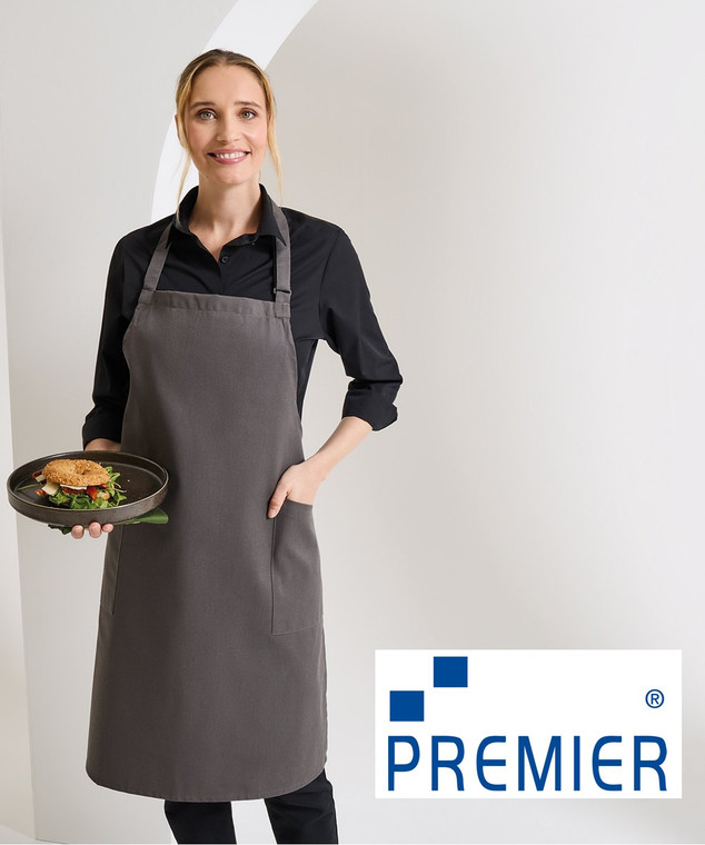 Premier PR120 recycled polyester and organic cotton bib apron custom branded hospitality apron