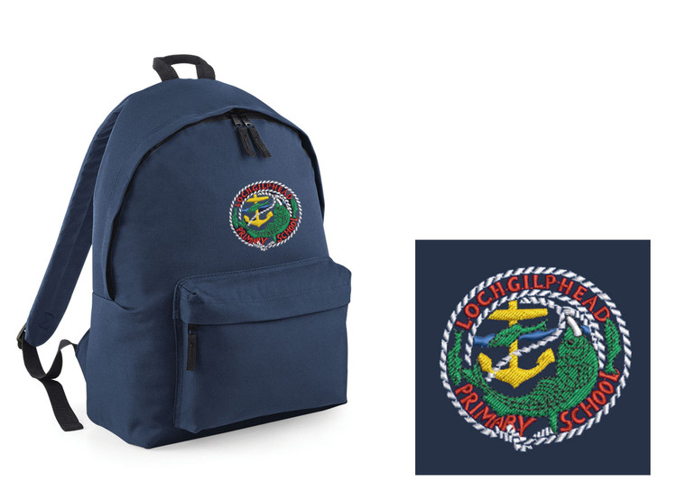 Lochgilphead Primary School navy blue backpack with embroidered school logo