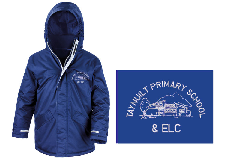 Taynuilt Primary School royal blue parka jacket with embroidered school logo