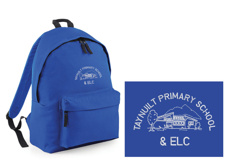 Taynuilt Primary School royal blue backpack with embroidered school logo