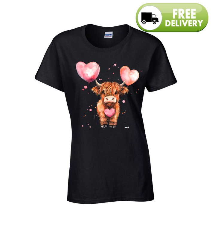 Highland Cow with Balloons Women's Black Printed T-Shirt