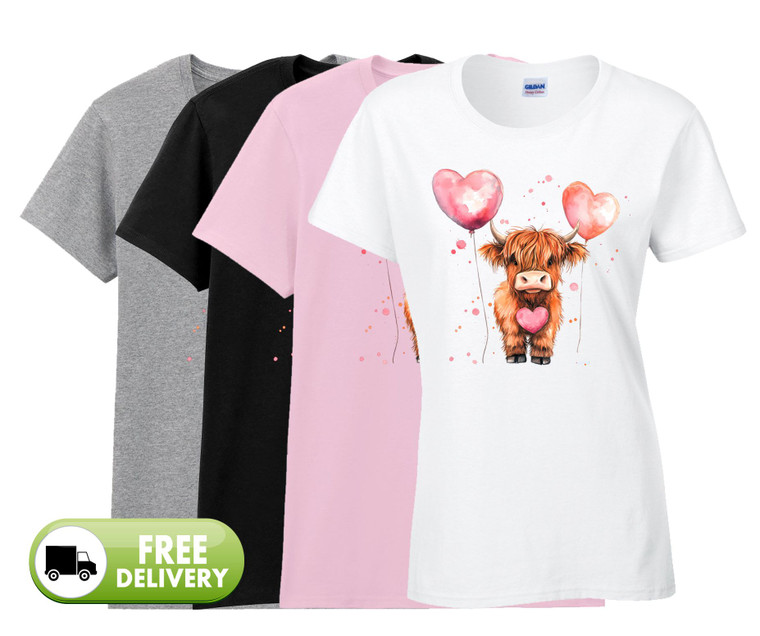 Ladies Highland Cow with Balloons Cute Printed T-Shirt