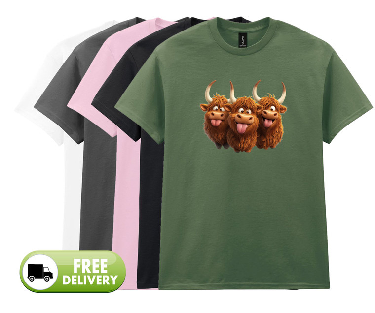 Three Happy Scottish Highland Cow Novelty Printed T-Shirt