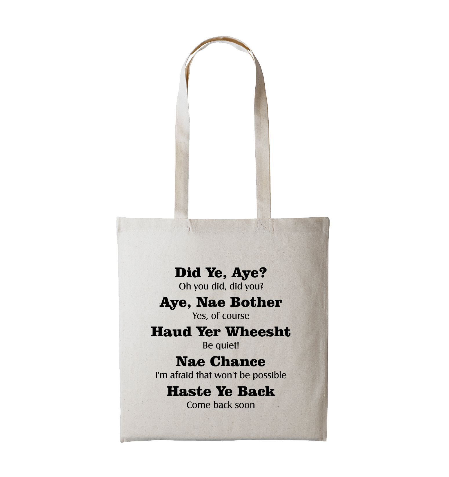 Reusable printed bag with Scottish phrases
