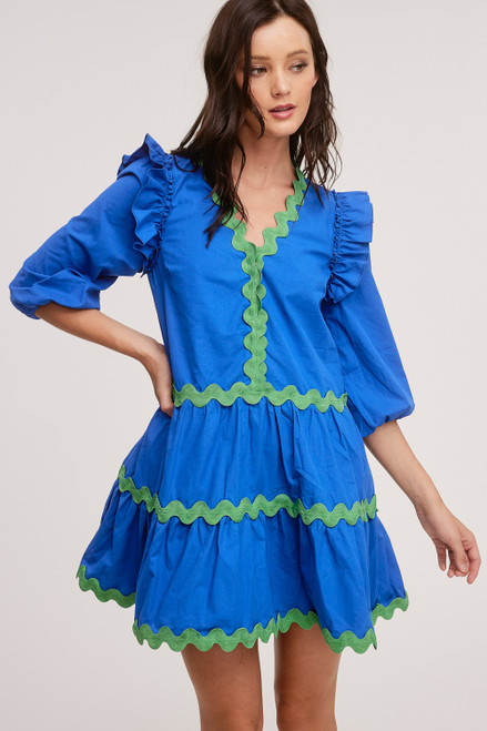 "Lillian" Wavy Trim Dress (Blue/Green)